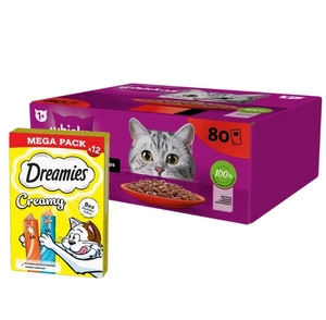 WHISKAS Adult paketėliai 80 x 85 g + DREAMIES Kreminis su vištiena ir lašiša 12x10g