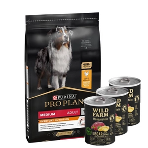 Purina Pro Plan Medium Adult Optibalance, vištiena ir ryžiai 14kg + Wild Farm Monoprotein Wild Boar 3x400g hipoalerginis šunų ėdalas