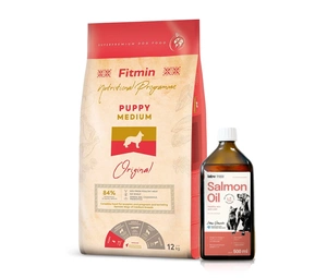 FITMIN Medium Puppy 12kg + Lab-V 100% lašišų aliejus įvairaus amžiaus šunims ir katėms 500ml šalto spaudimo