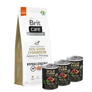 BRIT CARE Dog Hypoallergenic Dog Show Champion Lašiša ir silkė 12kg + Wild Farm Monoprotein Beef 3x400g hipoalerginis maistas šunims