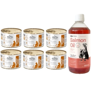 4Vets Cat Weight Reduction 6x185g + LAB V Lašišų aliejus šunims ir katėms 500ml