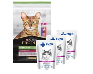 PURINA Pro Plan Cat Sterilised Duck & Liver 10kg + ENZO VET Sterilizuota dieta sterilizuotoms katėms su kalakutiena želė 3x100g