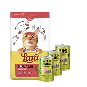 VERSELE-LAGA Lara Adult Lamb 7kg - Suaugusių kačių ėdalas su ėriena + WILD FARM Premium Grain Free Chicken and Sprats 3x400g - maistas katėms be grūdų