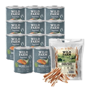 WILD FARM Superfood Salmon (lašiša su cukinijomis, saldžiosiomis bulvėmis ir žolelėmis) 12x800 g pašaro šunims be grūdų + nemokamas skanėstas
