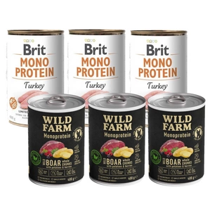 BRIT MONO PROTEIN TURKIJA 3x400g + Wild Farm Monoprotein Wild Boar 3x400g hipoalerginis šunų ėdalas