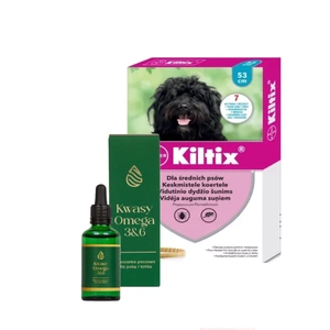 Bayer KILTIX, antkaklis vidutinio dydžio šunims 53cm +  LAB-V Omega 3 ir 6 riebalų rūgštys bendrai šunų ir kačių sveikatos, kailio ir odos būklei gerinti 100ml