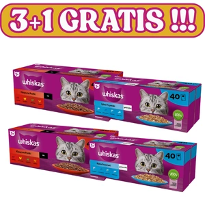 WHISKAS Adult paketėliai Fishy Treats - drėgnas maistas suaugusioms katėms drebučiuose (su lašiša, tunu, menke, balta žuvimi) 120x85g + 40x85g NEMOKAMAI