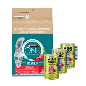 Purina One Cat Sterilcat jautienos maistas katėms 3kg + WILD FARM Premium Grain Free Lamb and Tuna 3x400g - sterilizuotų kačių ėdalas be grūdų
