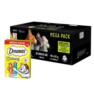 PetRepublic drėgnas kačių ėdalas švelniame padaže mišinys mėsos ir žuvies skonio 48x85g + DREAMIES Kreminis su vištiena ir lašiša 12x10g