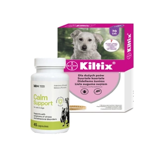 Bayer KILTIX, antkaklis dideliems šunims 70cm + LAB-V Calm Support - streso ir elgesio sutrikimų simptomų palaikymas 45 kapsulės