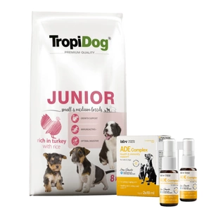 TROPIDOG Premium Junior mažų ir vidutinių veislių šunys su lašiša ir ryžiais 8kg + Lab-V ADE Complex - vitaminų A, D ir E kompleksas šunims ir katėms