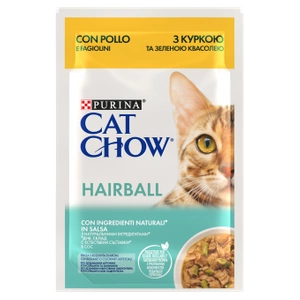 CAT CHOW Hairball kačių ėdalas su vištiena ir šparaginėmis pupelėmis padaže 85g
