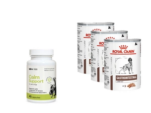 ROYAL CANIN Gastro Intestinal Low Fat LF22 3x410g skardinė + LAB-V Calm Support - streso ir elgesio sutrikimų simptomų palaikymas 45 kapsulės