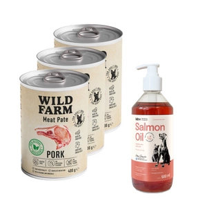 Wild Farm Pate Pork 3x400g pašaro šunims be glitimo + LAB V Lašišų aliejus šunims ir katėms 500ml
