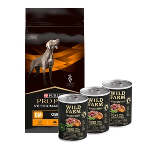 PURINA Veterinary PVD OM Obesity Management 12kg + Wild Farm Monoprotein Pork 3x400g hipoalerginis maistas šunims