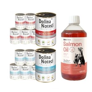 Dolina Noteci PREMIUM 12x800g (ėriena + jautiena) + LAB V Lašišų aliejus šunims ir katėms 500ml