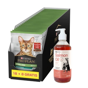 Purina Pro Plan Sterilizuota su jautiena katėms 26x85g + LAB V Lašišų aliejus šunims ir katėms 500ml