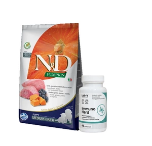 Farmina N&D Pumpkin Grain Free canine LAMB & BLUEBERRY PUPPY MEDIUM & MAXI 12kg + LAB-V Immuno Hard - imuniteto stiprinimas šunims ir katėms 45 kapsulės