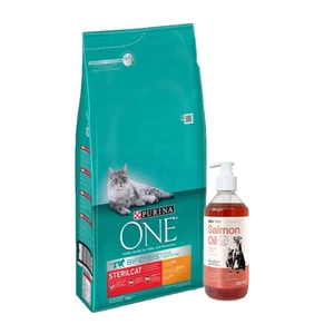 Purina One Cat Sterilcat vištienos ėdalas 5,7kg + LAB V Lašišų aliejus šunims ir katėms 500ml