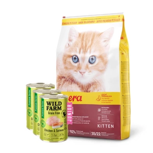 JOSERA Minette Kitten 10kg + WILD FARM Premium Grain Free Chicken and Salmon Junior 3x400g - kačiukų ėdalas be grūdų