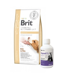 Brit gf veterinary diets dog Hepatic 2kg + Lab-v Hepasil Dog & Cat preparatas šunų ir kačių kepenų veiklai gerinti 250 ml