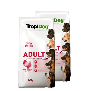 TROPIDOG Premium suaugusiems, vidutinių ir didelių veislių šunims- kalakutiena su ryžiais 2x12kg
