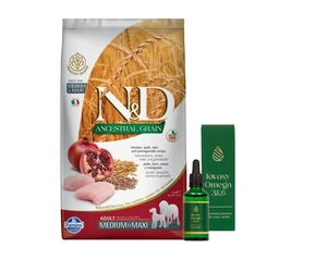Farmina N&D Ancestral Grain canine CHICKEN & POMEGRANATE ADULT MEDIUM&MAXI 12kg + LAB-V Omega 3 ir 6 riebalų rūgštys bendrai šunų ir kačių sveikatos, kailio ir odos būklei gerinti 100ml