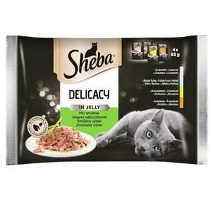 SHEBA paketėlis 4x85g Fine Flakes in Jelly - drėgnas kačių ėdalas želė (su balta žuvimi, su lašiša, su kalakutiena, su vištiena)