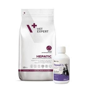 VETEXPERT Veterinary Diet Hepatic Dog 12kg + Lab-v Hepasil Dog & Cat preparatas šunų ir kačių kepenų veiklai gerinti 250 ml