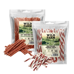 WILD FARM ančių sumuštinis 500g + ančių ir ryžių lazdelės 500g skanėstai šunims
