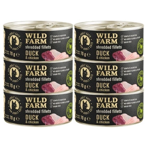 WILD FARM Fillets Duck&Chicken 6x70g - drėgnas kačių maistas be grūdų, filė sultinyje