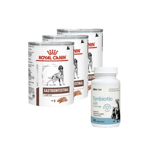 ROYAL CANIN Gastro Intestinal Low Fat LF22 3x410g skardinė + LAB-V Synbiotic Vet - virškinamojo trakto sveikata ir žarnyno mikroflora šunims ir katėms 45 kapsulės