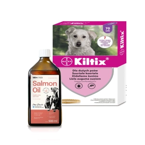 Bayer KILTIX, antkaklis dideliems šunims 70cm + Lab-V 100% lašišų aliejus įvairaus amžiaus šunims ir katėms 500ml šalto spaudimo
