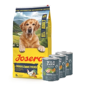 JOSERA Medi/Maxi Chicken & Sweet Potato 12,5kg + WILD FARM Superfood Chicken (Vištiena su moliūgais, obuoliais ir žolelėmis) 3x800 g pašaro šunims be grūdų