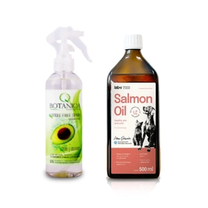 BOTANIQA TANGLE FREE avokadų purškiklis 250ml + Lab-V 100% lašišų aliejus įvairaus amžiaus šunims ir katėms 500ml šalto spaudimo