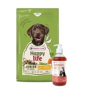 VERSELE-LAGA Happy Life Junior Chicken 7,5 kg - šuniukų ir jaunų šunų ėdalas su paukštiena + LAB V Lašišų aliejus šunims ir katėms 500ml
