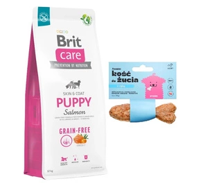 BRIT CARE Dog Grain-free Puppy Salmon 12kg + Šuniuko kramtomasis kaulas, 10 cm
