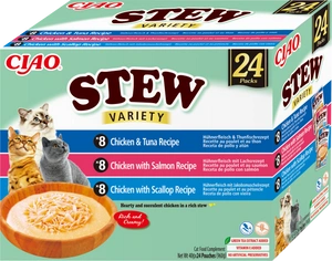 INABA Cat Ciao Stew - papildomas ėdalas katėms su vištienos, tuno, lašišos ir šukučių skoniu 24x40g