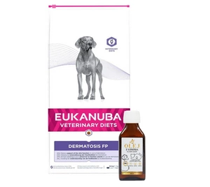 EUKANUBA Dermatosis FP 12kg + Lab-V 100% lašišų aliejus įvairaus amžiaus šunims ir katėms 100ml šalto spaudimo