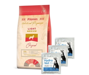 FITMIN Medium Light 12 kg + Hydro-Vet Dog - dietinis pašarų mišinys šunims, skatinantis atsigavimą po operacijos 3x22 g