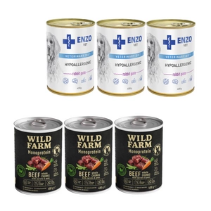 Wild Farm Monoprotein Beef 3x400g hipoalerginis maistas šunims + ENZO VET Hipoalerginė dieta su triušiena šunims 3x400g