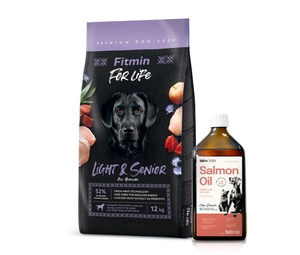 FITMIN For Life Light & Senior 12kg + Lab-V 100% lašišų aliejus įvairaus amžiaus šunims ir katėms 500ml šalto spaudimo
