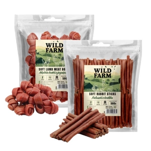 WILD FARM Minkšti ėrienos kubeliai 500g + Triušių lazdelės 500g skanėstai šunims