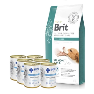 BRIT GF Veterinary Diets Dog Sterilised 12kg + ENZO VET Hipoalerginė dieta su kalakutiena šunims 6x400g