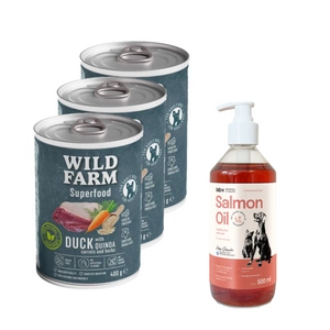Wild Farm Superfood Duck 3x400 g pašaro šunims be grūdų + LAB V Lašišų aliejus šunims ir katėms 500ml