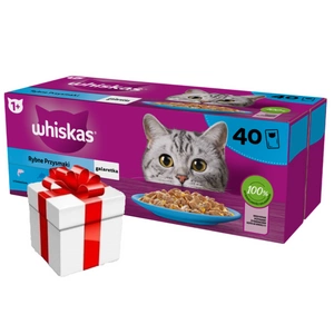 WHISKAS Adult paketėliai 40 x 85 g Fishy Treats - drėgnas maistas suaugusioms katėms drebučiuose (su lašiša, tunu, menke, balta žuvimi) + Staigmena katei