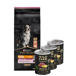 Purina Pro Plan Medium & Large 7+ Sensitive Optiderma, lašiša ir ryžiai 14kg + Wild Farm Monoprotein Wild Boar 3x400g hipoalerginis šunų ėdalas