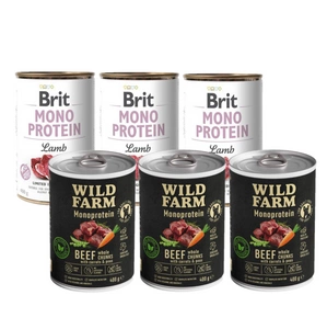 BRIT MONO PROTEIN LAMB 3x400g + Wild Farm Monoprotein Beef 3x400g hipoalerginis maistas šunims
