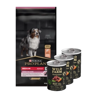 Purina Pro Plan Medium Adult Sensitive Skin Optiderma, lašiša ir ryžiai 14kg + Wild Farm Monoprotein Beef 3x400g hipoalerginis maistas šunims