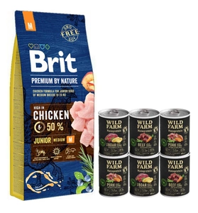 BRIT Premium By Nature Junior M 15kg + WILD FARM Monoprotein hipoalerginis šunų maistas – skonių rinkinys 6x400g